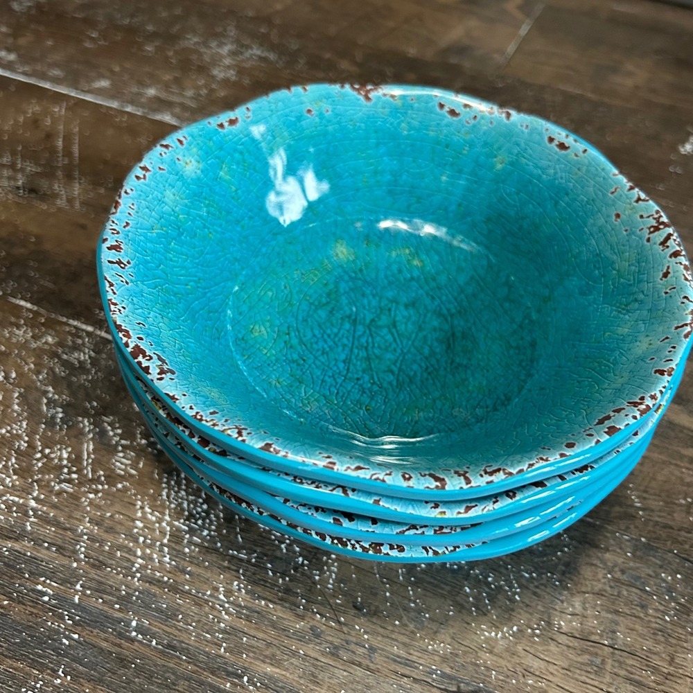 Pier 1 Imports Carmelo Melamine Crackle Turquoise Teal Bowls Set of 4 7.5in